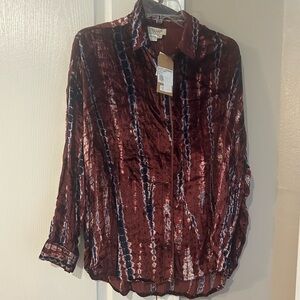 Tru Luxe Jeans Tie Dye Velvet Shirt Size Small NWT Snap Detail burgundy blue